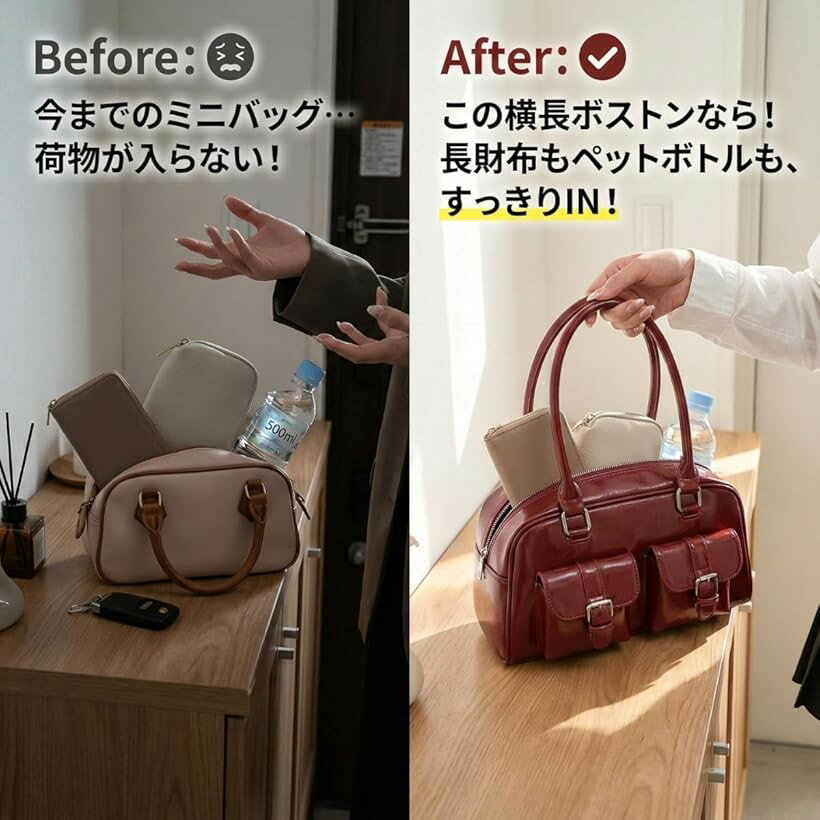 ミニボストンバッグ 横長 レディース ショルダーバッグ コーデが決まる、存在感 ダブルポケット ワイド トレンド Y2K 韓国ファッション レッド ブラウン ブラック ホワイト