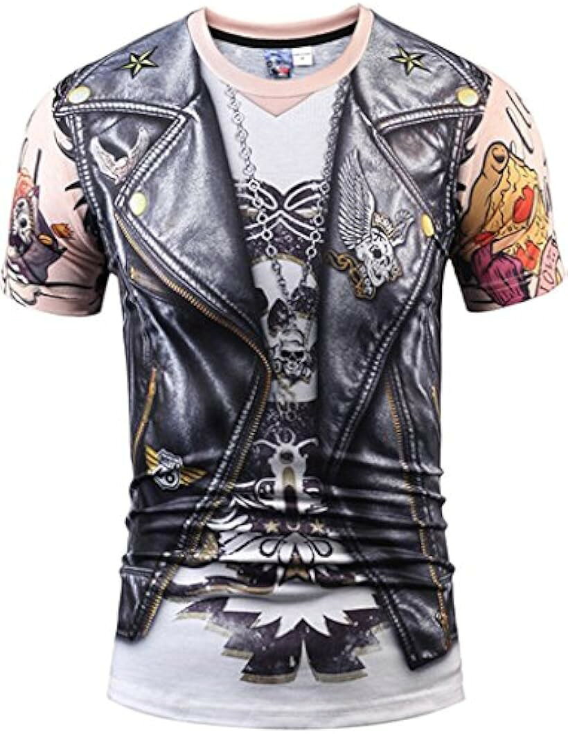 スリーピング シープ 3Dプリント おもしろ Tシャツ フェイク デザイン だまし絵 コスプレ パーティ 変装 コスチューム 仮装 半袖 (半袖T（革ジャン柄）, M（日本サイズXS))