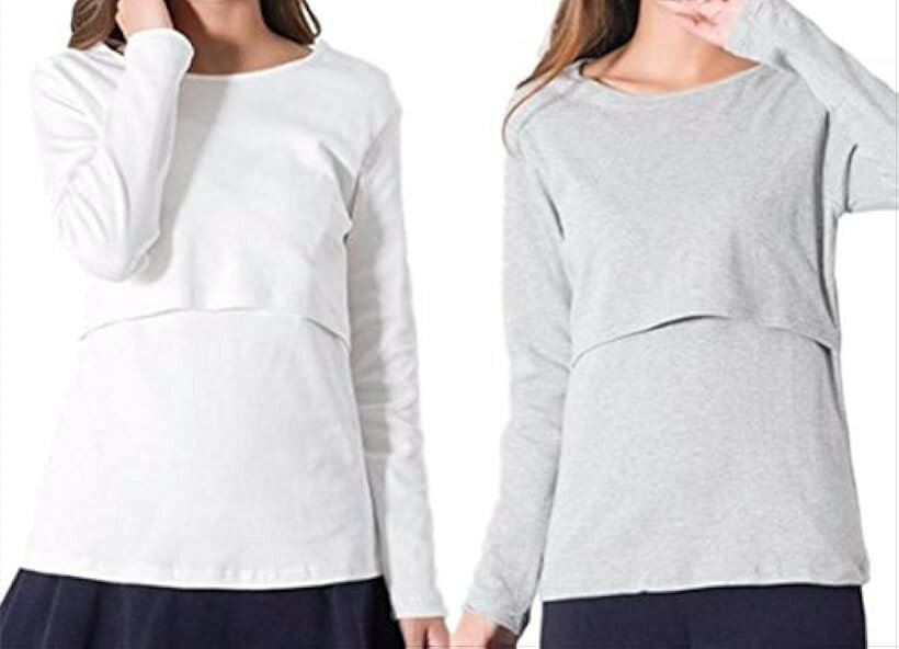 Garments - 授乳服 授乳口付き 長袖 Tシャツ カットソー マタニティ ウエア 選べる カラー ロンT 2枚 セット 白 x グレー (白 x グレー)