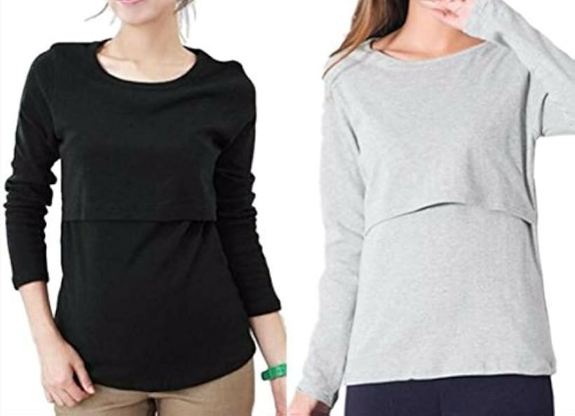 Garments - 授乳服 授乳口付き 長袖 Tシャツ カットソー マタニティ ウエア 選べる カラー ロンT 2枚 セット 黒 x グレー (黒 x グレー)