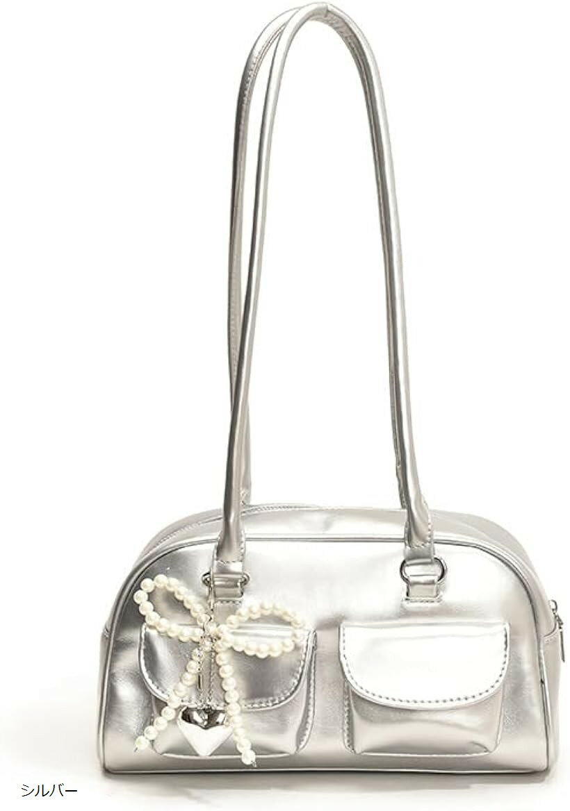 ミニボストンバッグ y2k ハンドバッグ ショルダーバッグ リボン レディース 横長 大容量 肩掛け シルバー