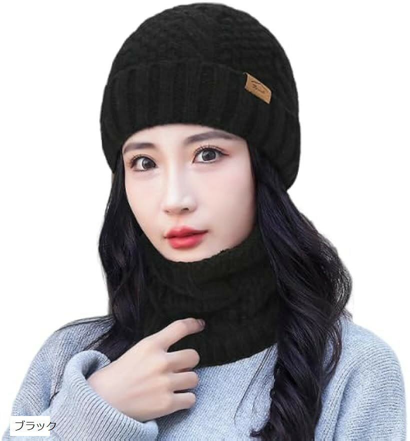 ニット帽 ネックウォーマー 2点 セット 防寒 ボア 裏起毛 かわいい 暖かい スノボ 冬 レディース ブラック