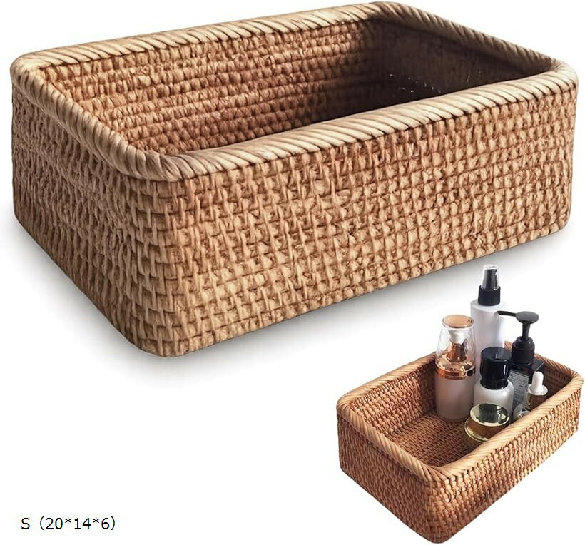 収納かご バスケット 籐箱 手織り 卓上収納 雑貨 お菓子 野菜 果物入り エコ M 25x17x7 L 30x20x9 S（2..
