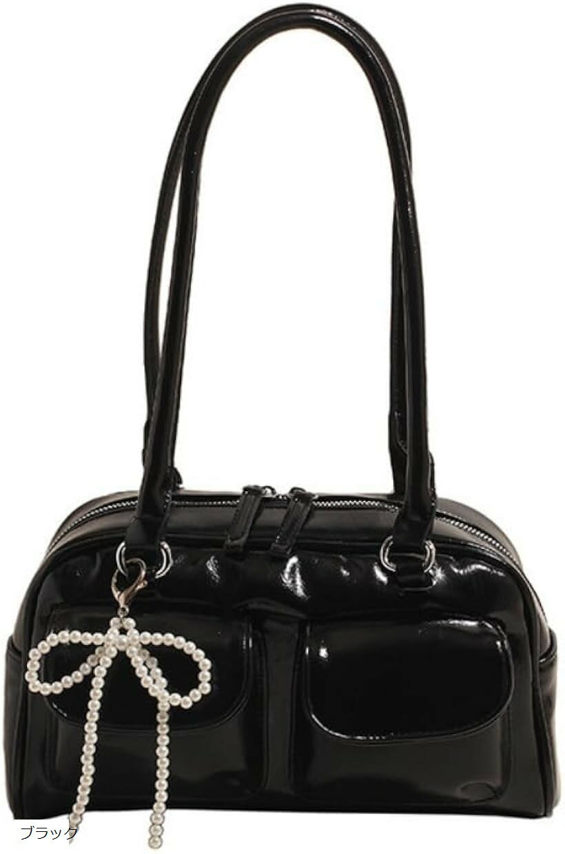 エナメル ショルダーバッグ レディース ハンドバッグ 2WAY パールリボン付き エレガント 小さめ 上品 光沢 韓国風 大人コーデ かわいい ブラック