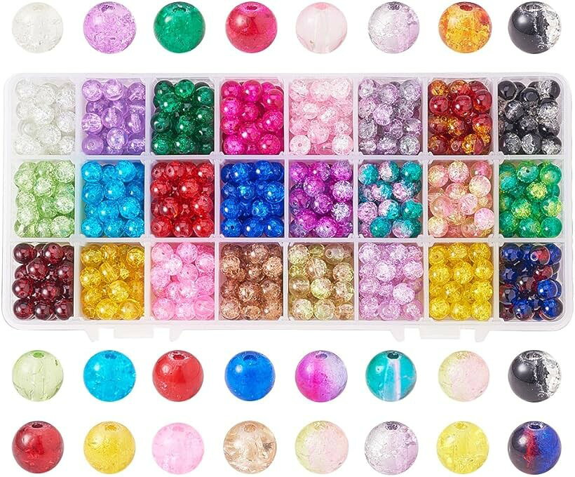 PandaHall 8mm ガラスビーズ 約600個 24色 ラウンド クラックビーズ (約600個セット(24色）)