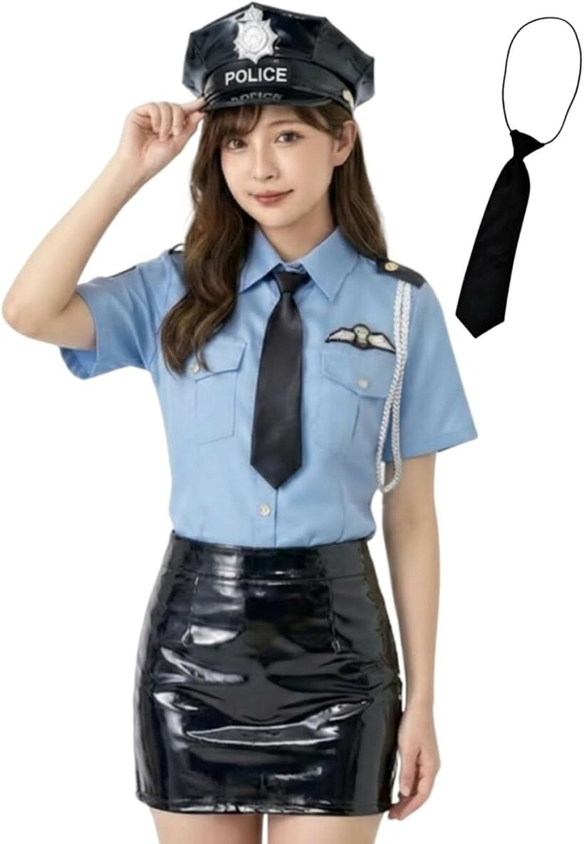 ポリス コスプレ レディース 青 シャツ コスチューム ミニスカート 帽子 ワンタッ...