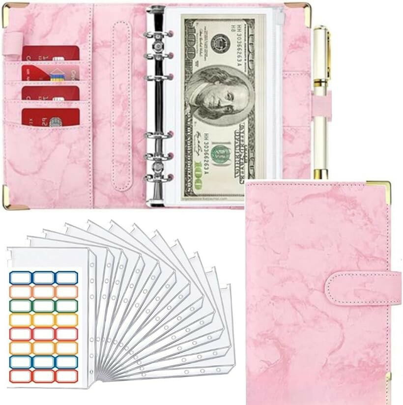 Pocket Money - To all gennie 家計簿 ポーチ かわいい 家計管理 予算バインダー セット ファイル 仕分け 予算管理 12個のファイル付き A6サイズ 家計簿節約帳 (ピンク)