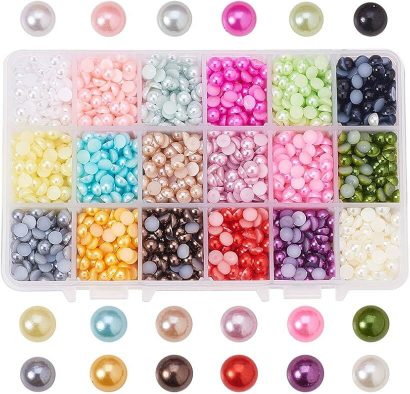 約2880pcs/箱 18色 直径6mm マルチカラー 人工真珠 半円パール ハーフ ラウンド ビーズ 箱入り デコ用 DIY用 UVレジン 封入 (18色 6mm)