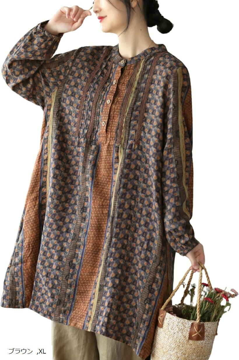 チュニック レディース ロングブラウス 長袖 レトロ調 リネン 麻 プルオーバー シック ゆったり 体型カバー 森ガール L 2XL M グリーン ブラウン XL
