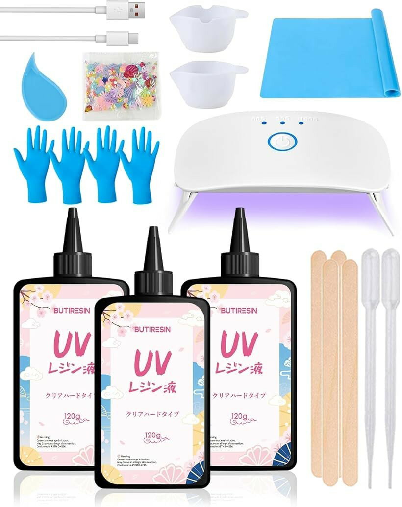 UVレジン セット 大容量 豪華19点 スターターキット 初心者向け 8W UVライト付き レジン液 アクセサリー作り ハンドメイド DIY 道具一式 (transparent, 360g (120gx3本))