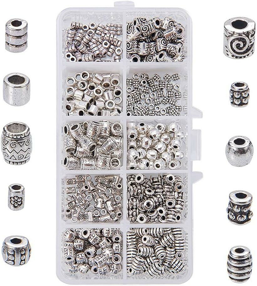合金ビーズ 約500個/箱 10種セット スペーサービーズ 銀古美 アクセサリーパーツ ジュエリー用 手芸材料 アンティークシルバー (銀古美, 10種類)