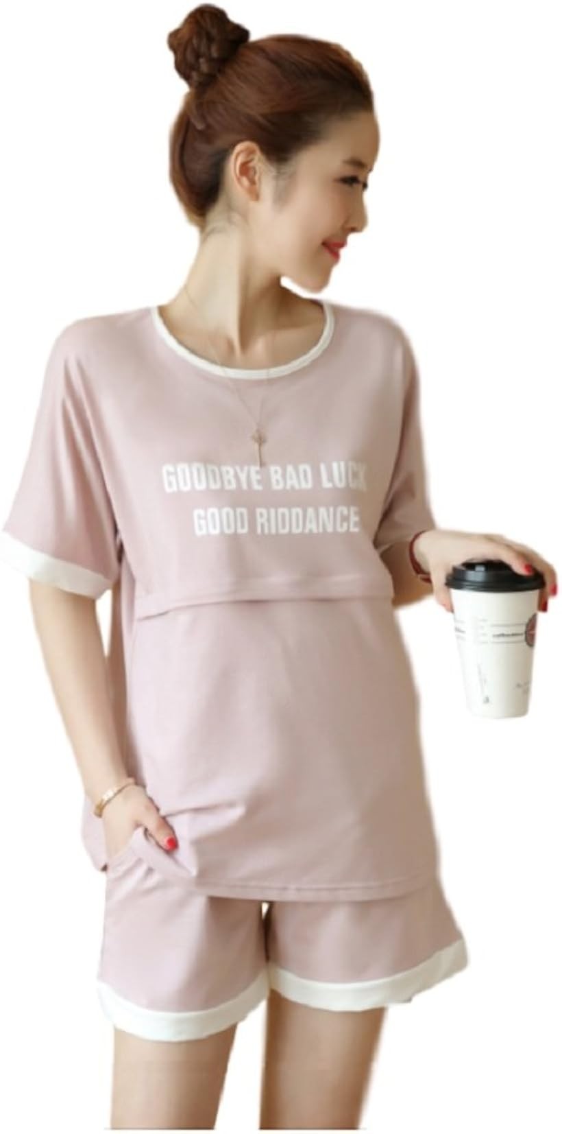 ミウォルナ マタニティ 授乳服 パジャマ ルームウェア セットアップ スウェット 授乳口 前開き 半袖 ショートパンツ 半パン (ピンク, L)