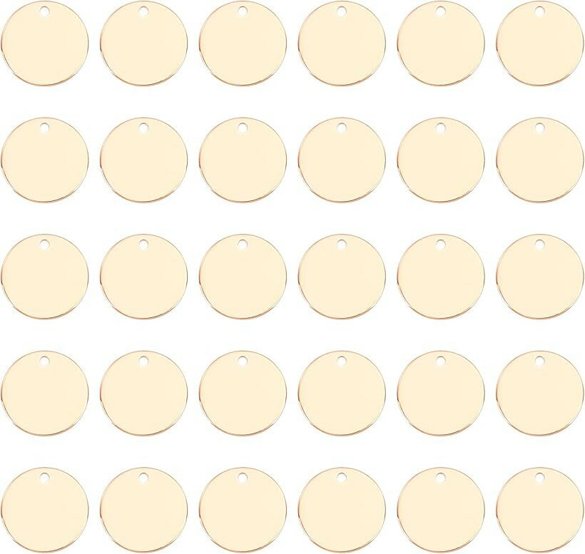 約30個セット 304ステンレス 刻印 タグ 直径15mm 名札 プレート 丸形 ペンダント メタルタグ 滑らか ジュエリー用 アクセサリーパーツ イヤリング・ブレスレットなど 手作り素材 材料 ゴールド (円形 ゴールド 30個)