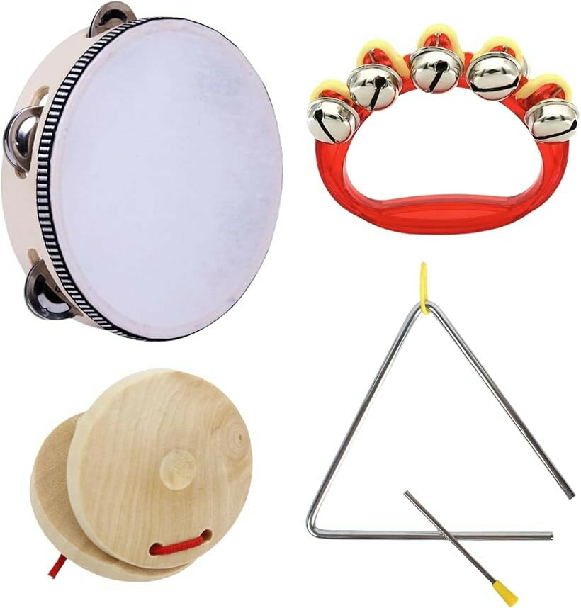 Drumming - 楽器 セット 子供 打楽器 4点 タンバリン トライアングル カスタネット 鈴 ベル 小学生 音楽 木製 軽量 (20cm)