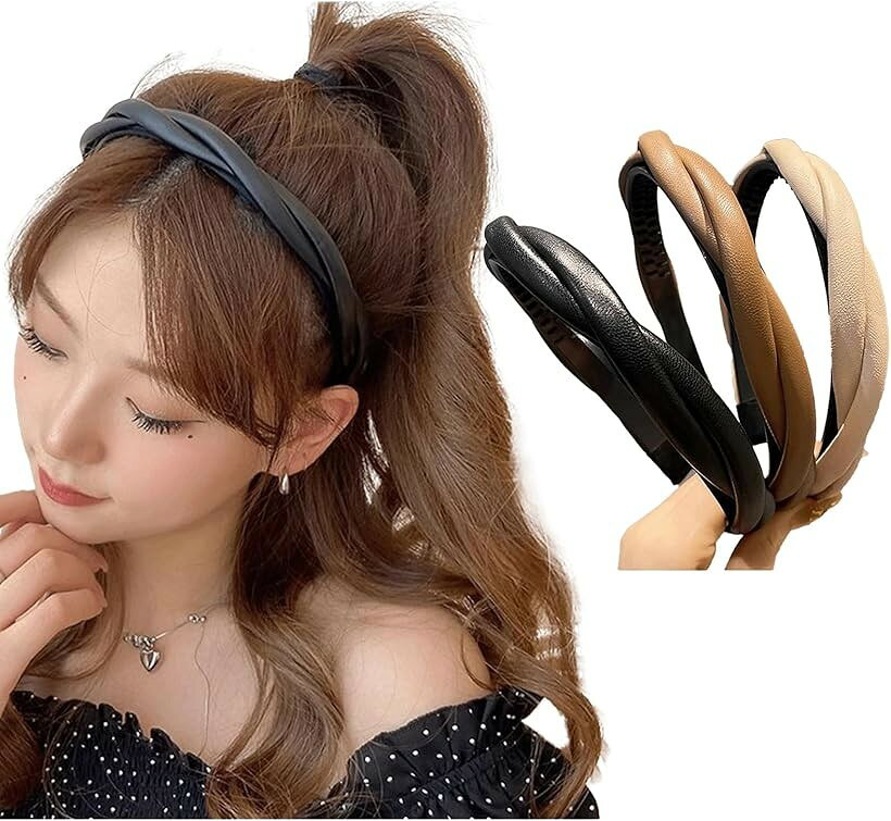 束髮帶 - カチューシャ 3本セット ツイスト マット仕上げ レディース 韓国風 ヘアアクセ (黒・モカブラウン・アイボリー)