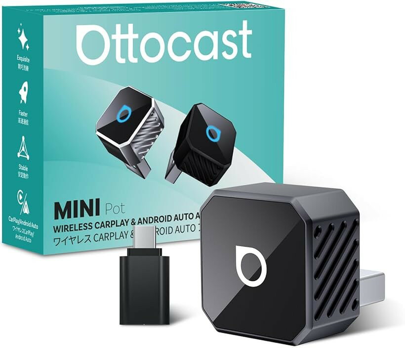 オットキャスト Mini Pot 2025最新 ワイヤレスCarPlay/Android Autoアダプター ミニ 純正有線CarPlay/Android Auto対応車専用