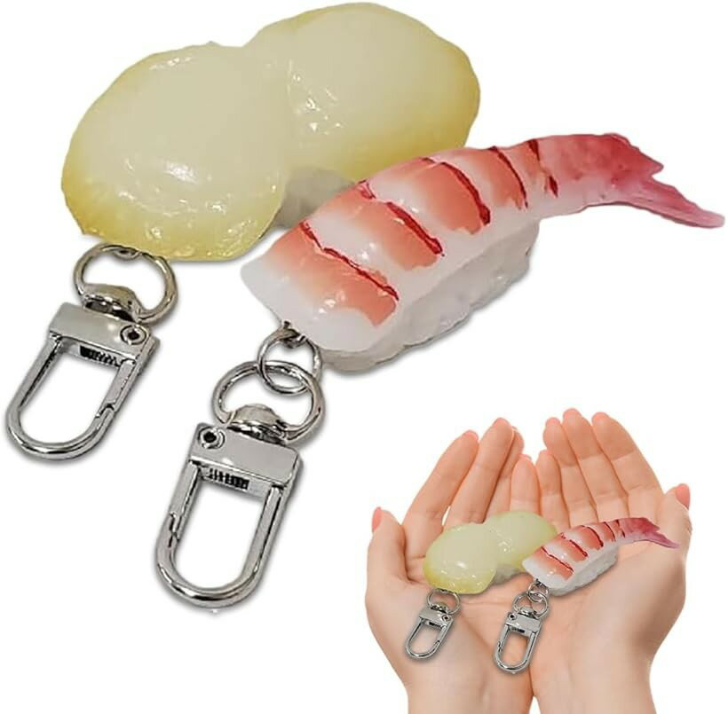 外国人が喜ぶ日本のお土産 キーホルダー 寿司 食品サンプル 2貫セット (プリプリ海老＆ホタテ, 小さい)