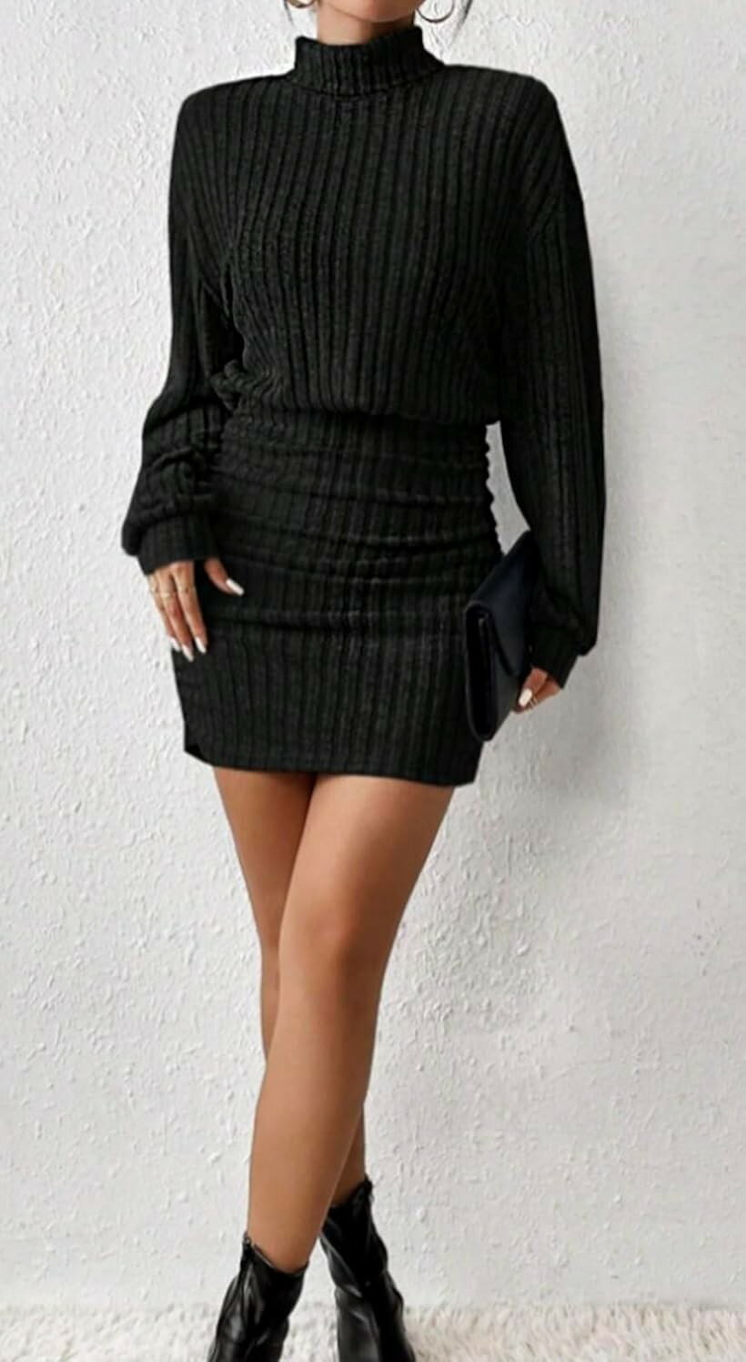 ワンピース 長袖 ハイ ネック リブ編み セクシー ニット トップス セーター レディース 秋 冬 (ブラック, L)