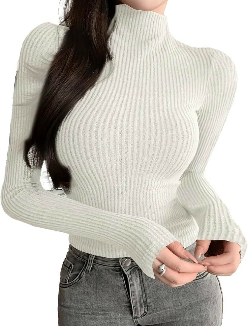 Rakuten - 長袖 ニット トップス レディース スリム フィット 半 ハイ ネック カットソー 無地 ロンT Tシャツ (ホワイト, L)