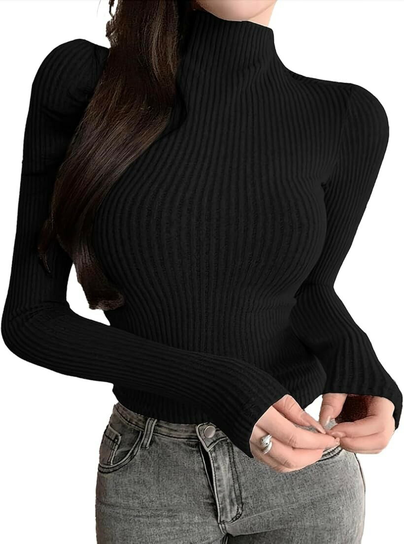 Rakuten - 長袖 ニット トップス レディース スリム フィット 半 ハイ ネック カットソー 無地 ロンT Tシャツ (ブラック, M)