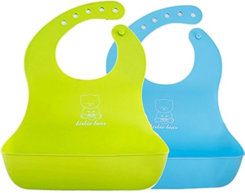 Bibs, Aprons - ベビー 赤ちゃん スタイ ビブ 食事用 エプロン 前かけ よだれかけ ソフト おおきな 受け皿 ポケット付 袖なし 水洗い可 シリコン 男の子 女の子 キッズ 5段階 サイズ調整 持ち運び 清潔 セット babybib (グリーン/ブルー)