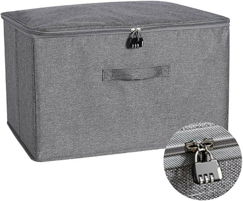 鍵付き 収納ボックス 貴重品ボックス 折りたたみ ダイヤル錠 (グレー, 大)
