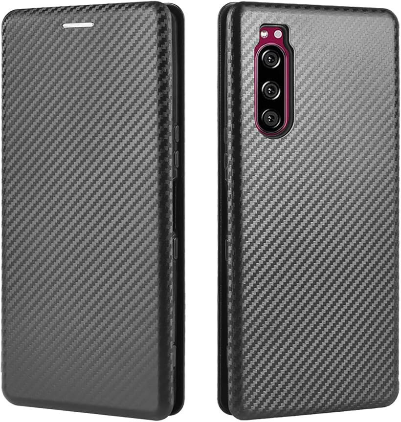 Rakuten - スマートフォンケース 手帳型 炭素繊維調 スタンド機能 スマホケース カバー (ブラック, Xperia 5)