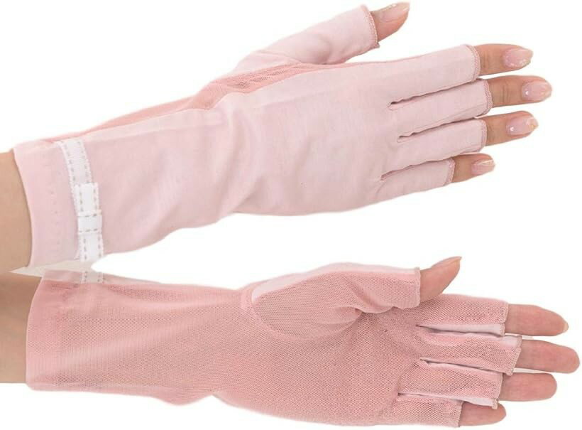 ショートタイプ さらっと ひんやり 接触冷感 コットン ＆ メッシュ コンビ スマホ対応 UV手袋 指きり 24cm丈 ステッチ リボン 滑り止め ケース付 ピンク FREE (ピンク, Free)
