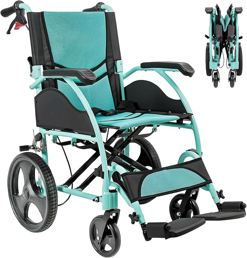 車椅子 折畳み 軽量 コンパクト 介助式 軽量車椅子 アルミ製 自用と介助ブレーキ付け 組立不要 持ち運び便利 高齢者 障害者 室内 屋外 旅行 車いす (グリーン)
