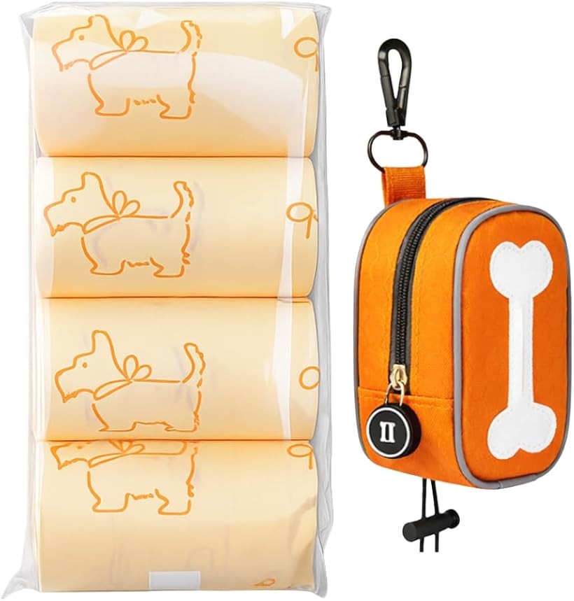 香り付きエチケット袋 20枚x8ロール 160枚＋リード取付可能 収納バッグ セット 犬用お散歩グッズ (クリームの香り＋オレンジ地バッグ)