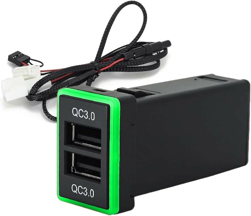 急速充電対応 QC3.0 トヨタ Aタイプ USB 電源 スイッチホール パネル 2ポート 搭載 LED 発光 タブレット スマホ アルファード 20/30系 プリウス ヴォクシー 70系 80系 社外品 (グリーン)