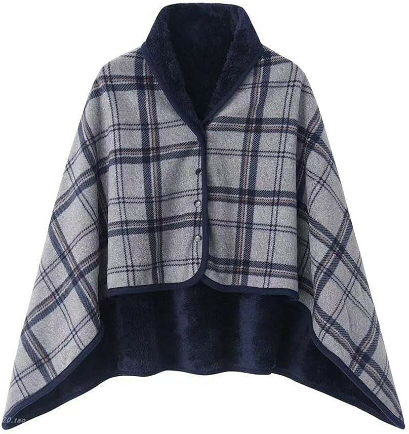 樂天商城 - 着る ブランケット ショール型 ポンチョ 肩掛け 防寒 フリース ボタン付き 在宅ワーク ルームウェア 軽量 洗える 男女兼用 (グレー＆ネイビー, Free Size)