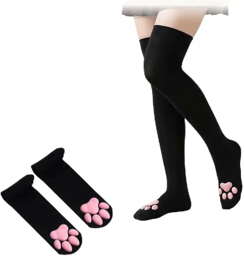Rakuten - 肉球ソックス 二―ハイソックス レディース 猫肉球 立体デザイン 靴下 コスプレ ロリータ 可愛い 滑り止め付き (ブラック, フリーサイズ)