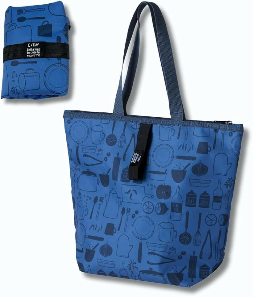 Shopping Bags, Ecology Bags - ファスナー 肩掛け エコバッグ 大容量 折りたたみ 保冷 トートバッグ コンパクト マチ広 保温 丈夫 裏地つき 中が見えない ポケット付き チャック付き ショッピングバッグ (キッチン ブルー, L)
