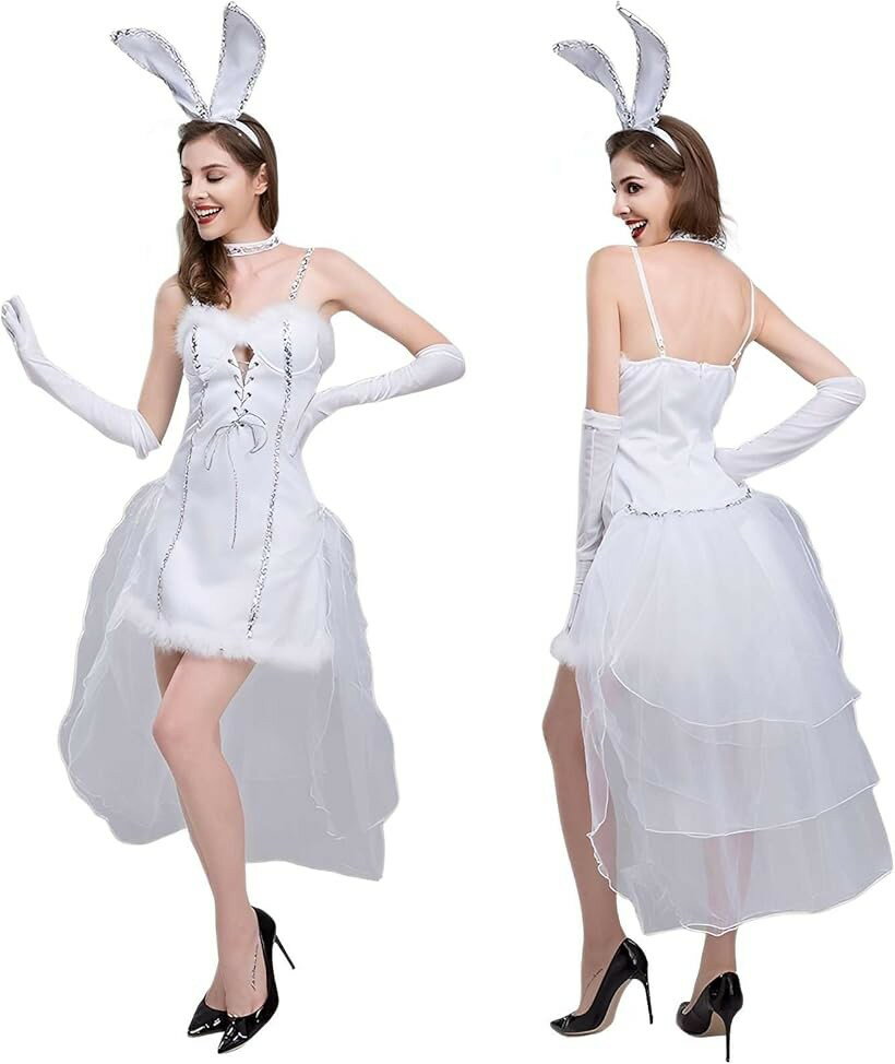 Rakuten - バニーガール コスプレ ホワイト 白 ロンググローブ セット コスチューム 衣装 大きいサイズ メンズ 女装 男性 イースター ハロウィン 仮装 うさぎ かわいい (Mサイズ)