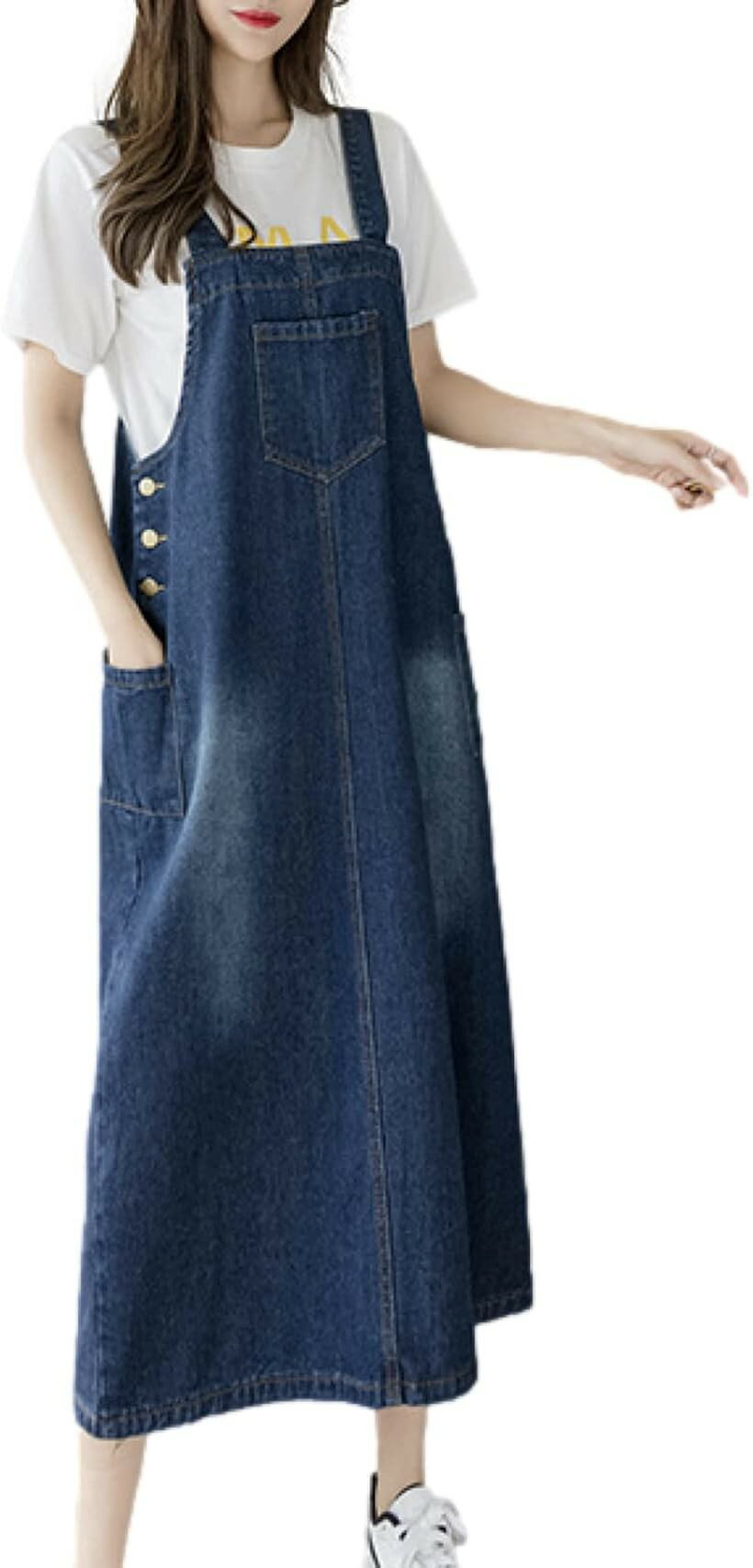 Rakuten - デニム サロペット スカート スリット ポケット 付き ロング カジュアル レディース (A-type, XL)