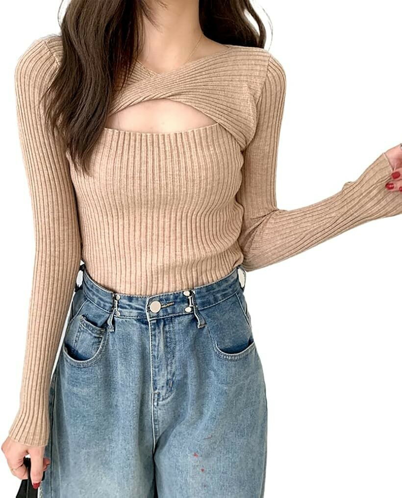 Rakuten - リブニット セーター レディース セクシー トップス タイト 長袖 ベージュ (ベージュ, Free Size)