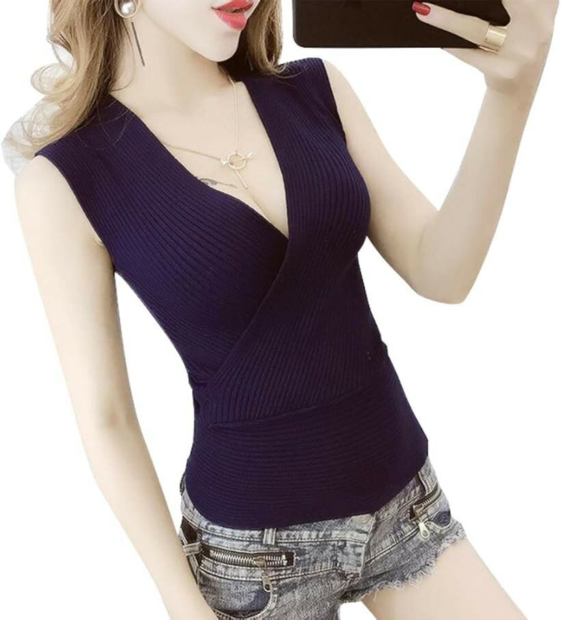 Rakuten - ニット セーター レディース Vネック トップス 胸元 セクシー ノースリーブ リブ カシュクール カットソー ネイビー (ネイビー, Free Size)