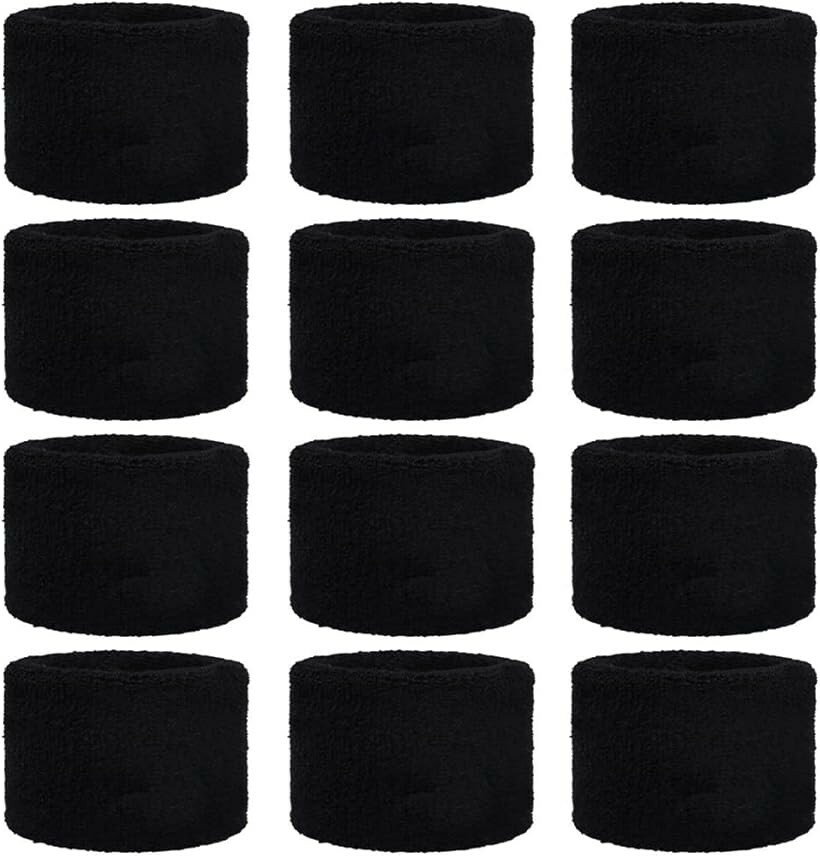 Rakuten - リストバンド スポーツバンド ショート 吸水性 伸縮性 12個セット ブラック (ブラック)