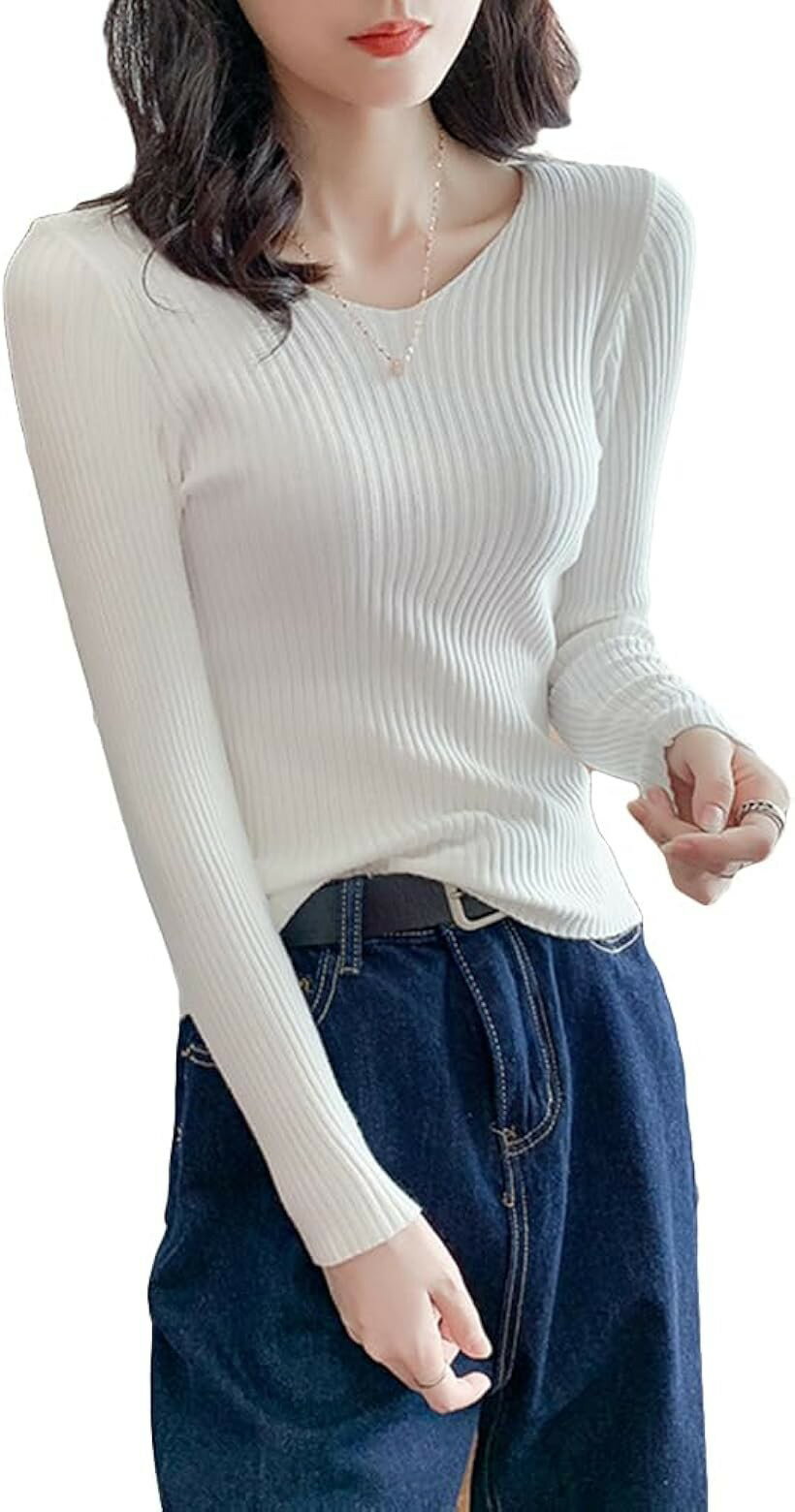 Rakuten - セーター レディース リブ ニット トップス Vネック タイト シンプル 長袖 ホワイト (ホワイト, Free Size)