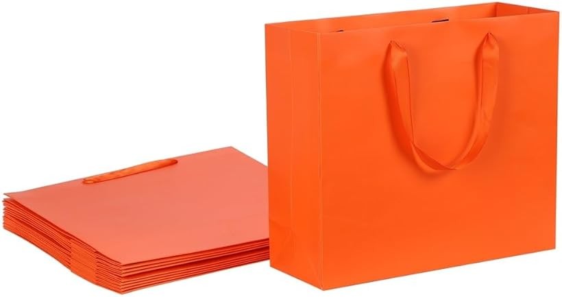 ギフトバッグ 紙袋 ラッピング 手提げ シンプル 横型 厚手 無地 10点セット (オレ...