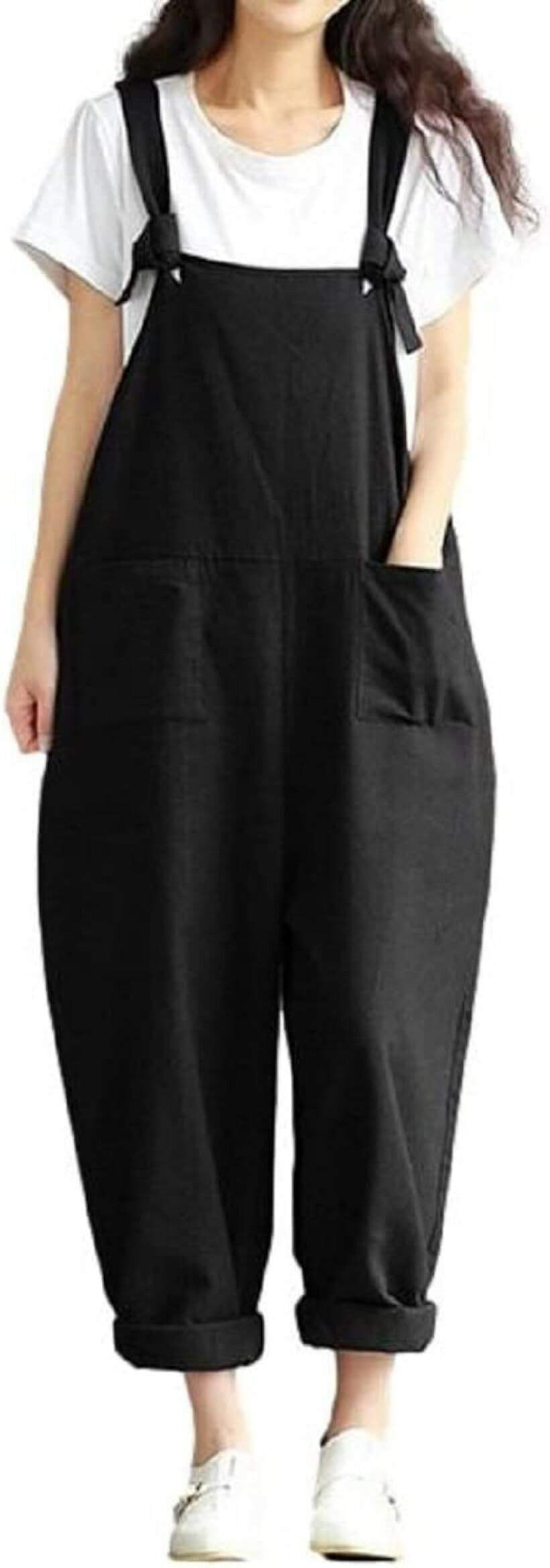 サロペット 裾 ロールアップ ゆったり シルエット 無地 ポケット付き XXL 黒 (ブラック, 2XL)