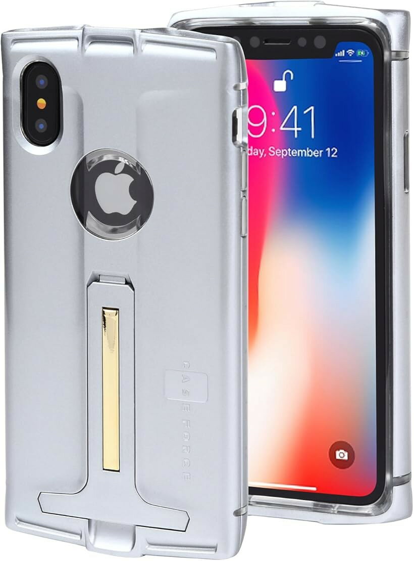 iPhoneX iPhoneXs ケース 耐衝撃 ワイヤレス充電対応 バンパー スタンド機能付 落下時の衝撃吸収 アイフォンX カバー スマホケース 衝撃に強い Thrust Silver (シルバー)