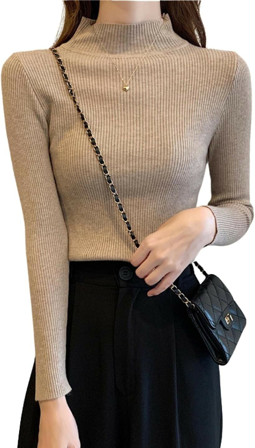 タートルネック レディース 薄手 着痩せ リブニット ハイネック インナー セーター 長袖 重ね着 春 秋 冬 春秋 服 春服 (カーキ, Free Size)