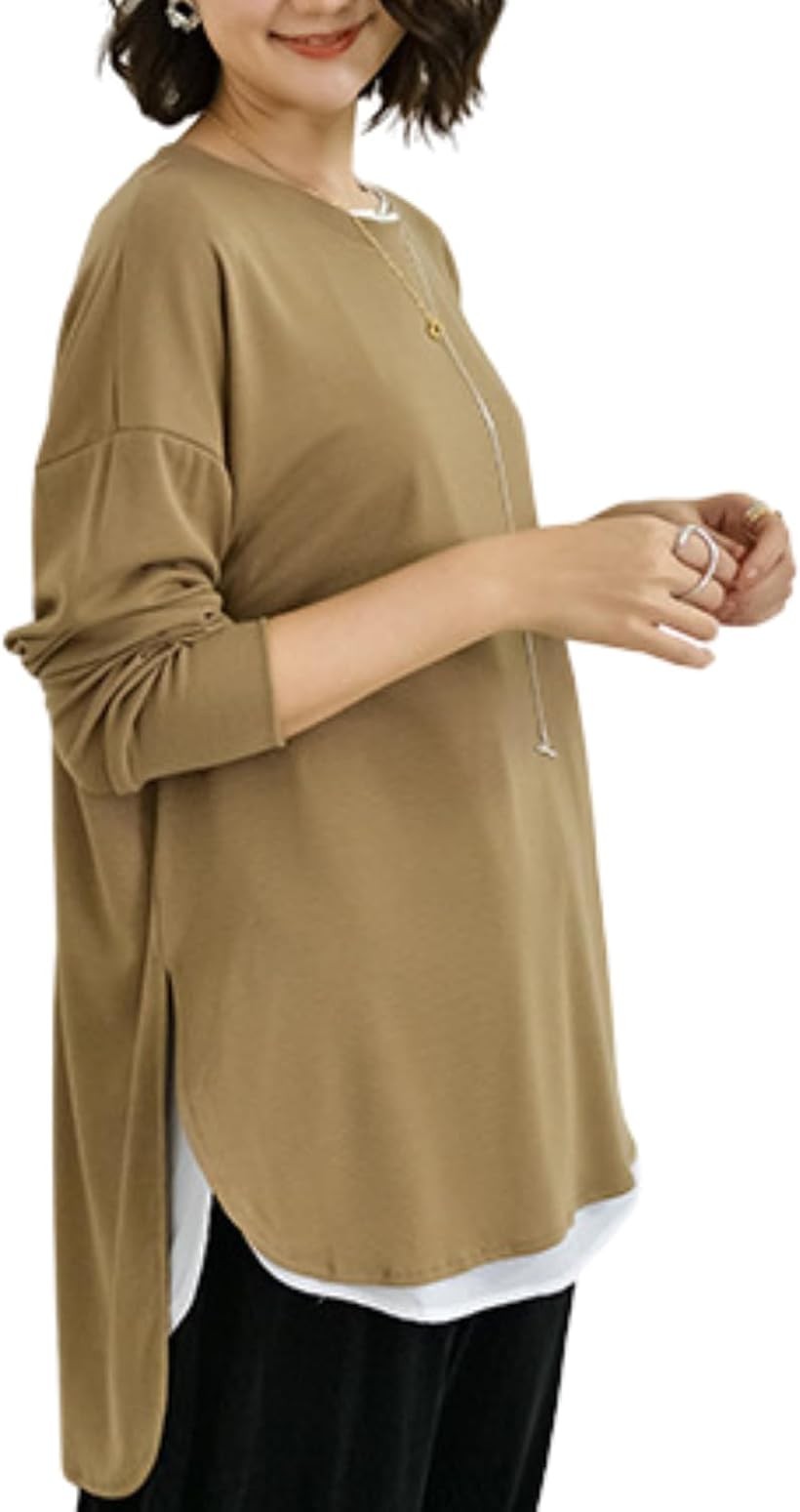 Rakuten - ロンティー レディース 長袖 Tシャツ ロンT ゆったり 着心地良し シンプル スリット 丈長め 薄手 無地 体型カバー (ベージュ, Free Size)