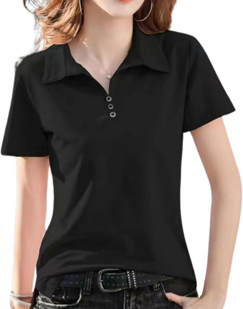 レディースポロシャツ 半袖 おしゃれ 速乾 無地 ゴルフウェア polo shirt women golf 五分袖 襟付き 開襟 スポーツ uv 吸汗速乾 仕事 (ブラック, L)