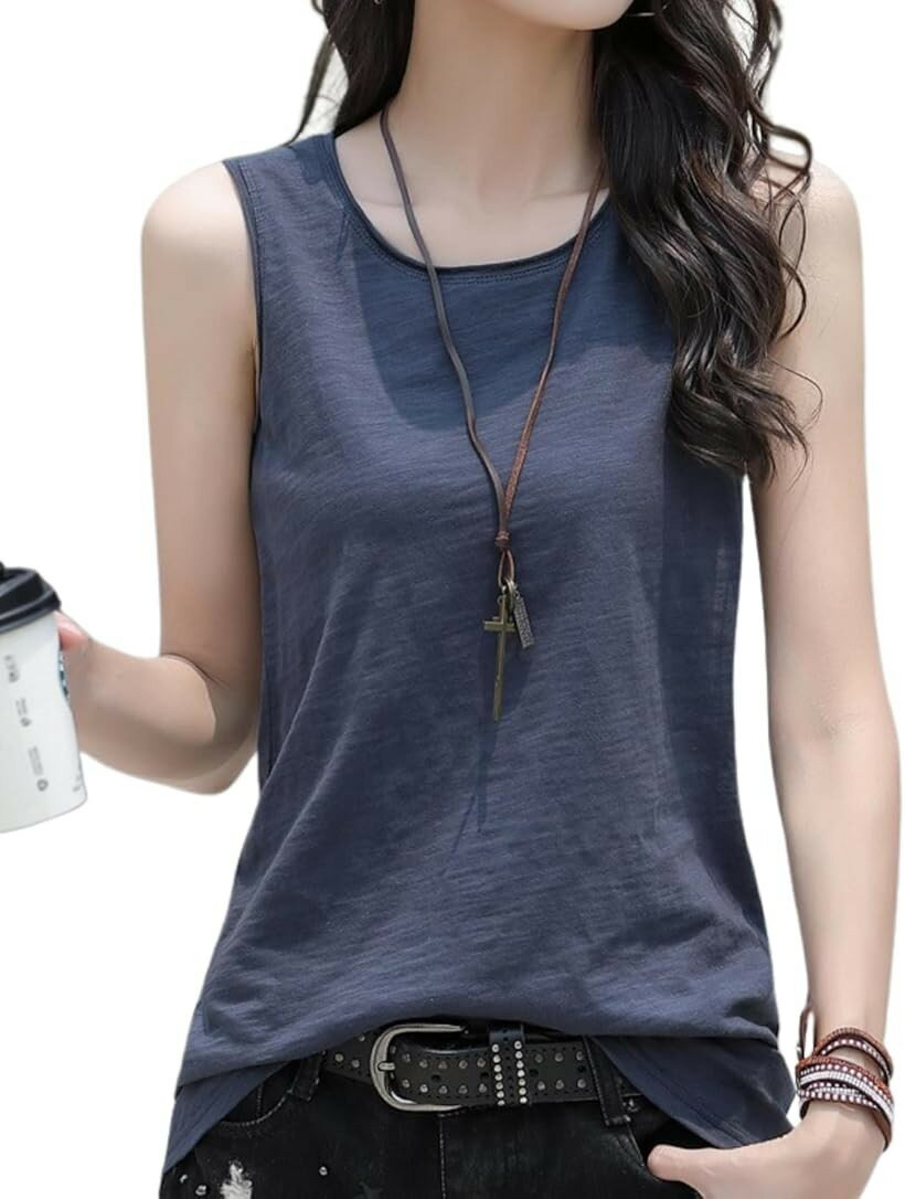 Rakuten - タンクトップ レディース 綿 大きいサイズ 綿100 ノースリーブ インナー ノースリーブtシャツ スポーツ インナーシャツ コットン おしゃれ ロング ヨガウェア (グレーブルー, L)