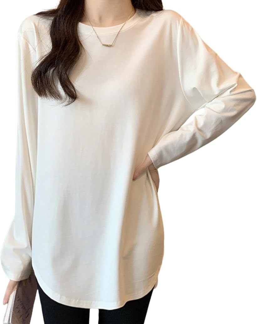 樂天商城 - 毎日着たいゆるトップス ロンt レディース ゆったり ロンティー カットソー 長袖tシャツ チュニック スポーツ 薄手 無地 オーバーサイズ 速乾 春 秋 (ホワイト, L)