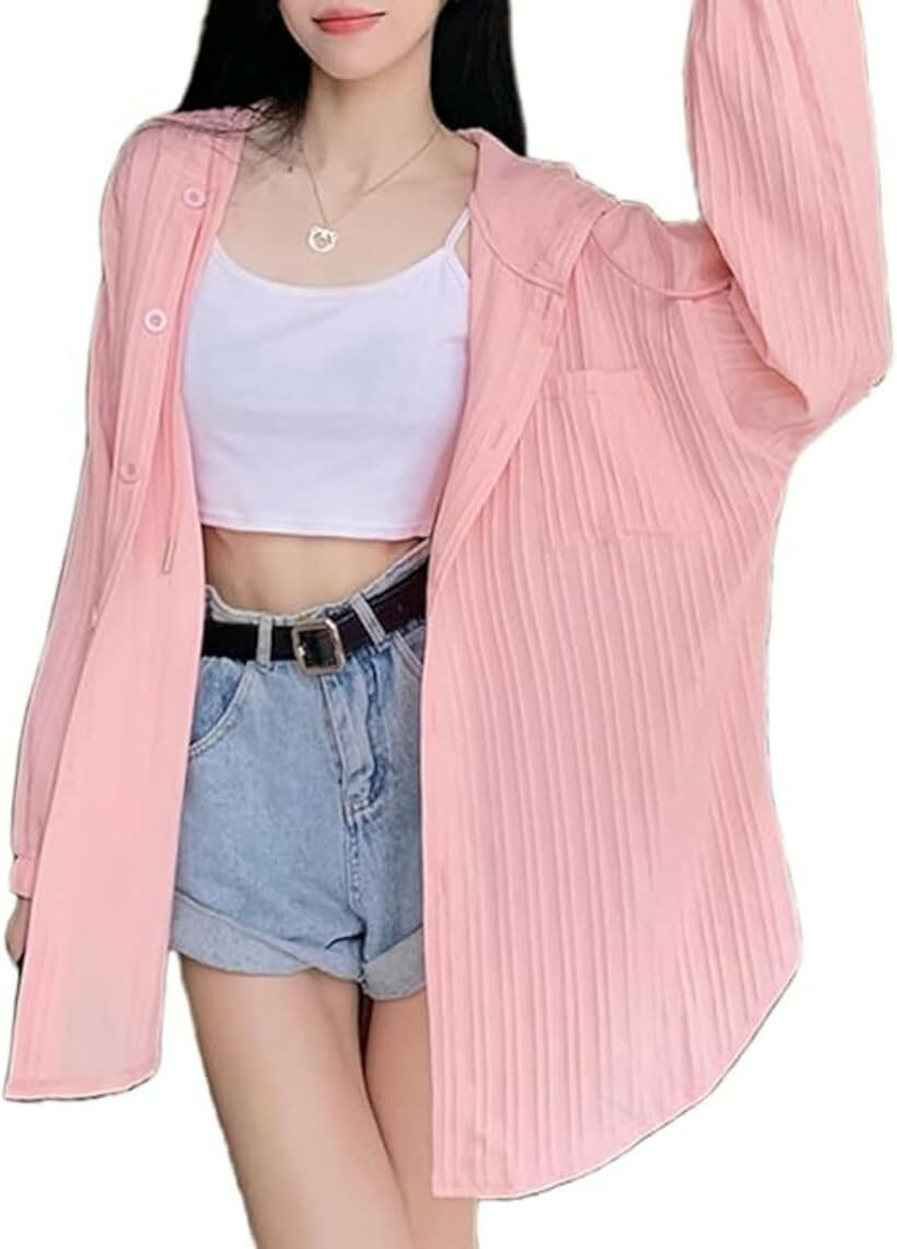 樂天商城 - uvカット アウター レディース 涼しい カーディガン 薄手 パーカー ロング ゆったり 大きいサイズ 通気性 シアー 日焼け対策 トップス 日焼け防止 (ピンク, Free Size)