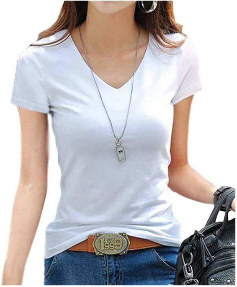 Rakuten - Tシャツ レディース 半そで 無地 vネック シンプル インナー フィット カジュアル ホワイト XXL (ホワイト, 2XL)